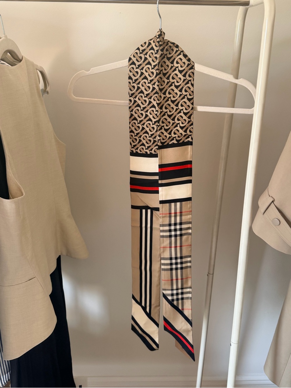 NWT Burberry Archive Beige and Black TB Monogram & Stripe Silk Twilly Scarf